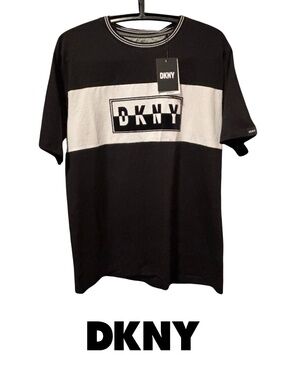 DKNY Men’s Black & White T-Shirt with Velvet Accent Logo Graphic